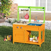 Outdoor mud kitchen playset in orange with stove, sink, and storage, designed for kids aged 3+ for imaginative play.