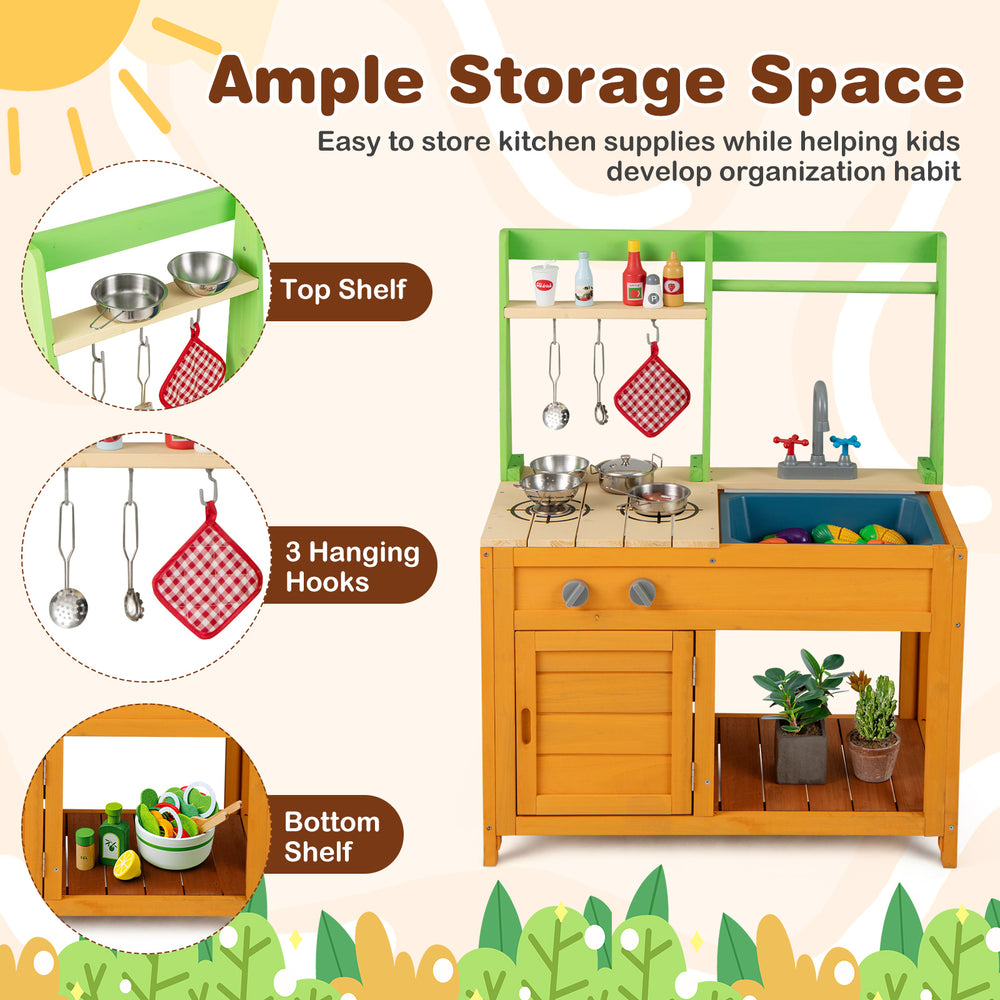 Outdoor mud kitchen playset in orange with removable sink, stove, and ample storage for kids' imaginative play.