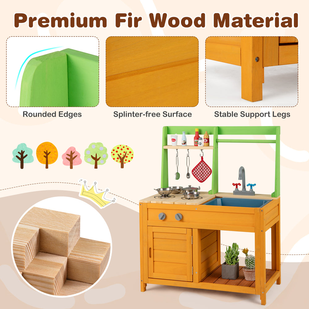 Outdoor mud kitchen playset in orange with stove, sink, and storage, designed for kids aged 3+, made of premium fir.