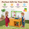 Outdoor mud kitchen playset in orange with stove, sink, and storage for kids 3+ years, promoting creativity and social.