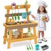 Wooden outdoor mud kitchen for kids with grill rack, sink, and gardening tools, promoting imaginative play for ages 3-8.
