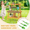 Wooden outdoor mud kitchen for kids with gardening tools, sink, and storage, promoting creative play for ages 3-8.