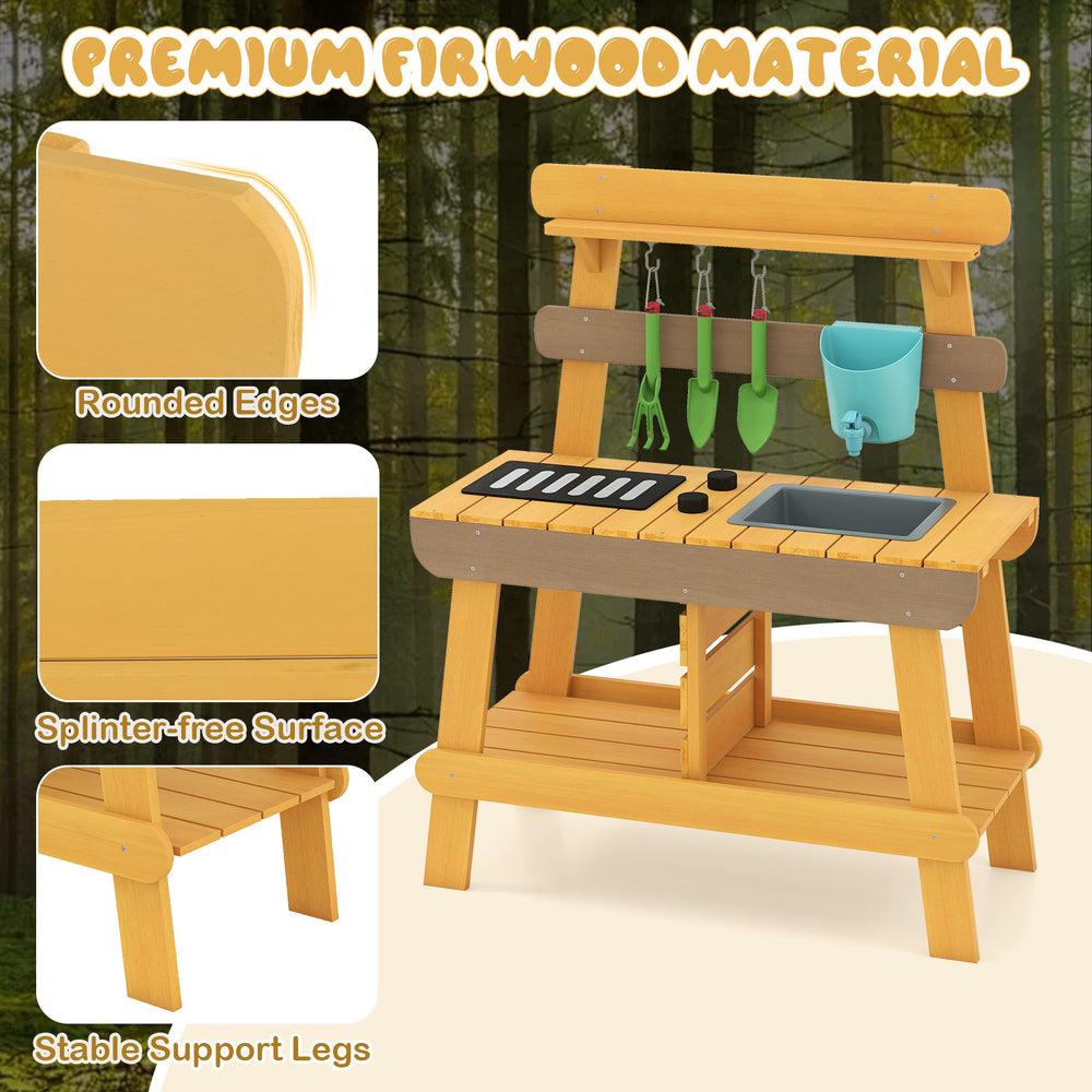 Outdoor mud kitchen for kids in yellow, featuring premium fir wood, sink, grill rack, and gardening tools for.