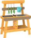 Wooden outdoor mud kitchen for kids with sink, grill rack, and gardening tools, perfect for imaginative play.