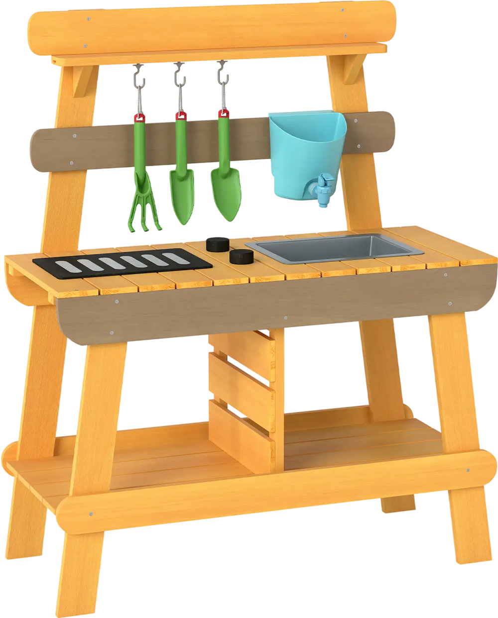Wooden outdoor mud kitchen for kids with sink, grill rack, and gardening tools, perfect for imaginative play.