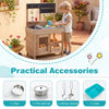Wooden play pretend kitchen with stove, storage cabinet, and accessories for imaginative cooking fun for kids.