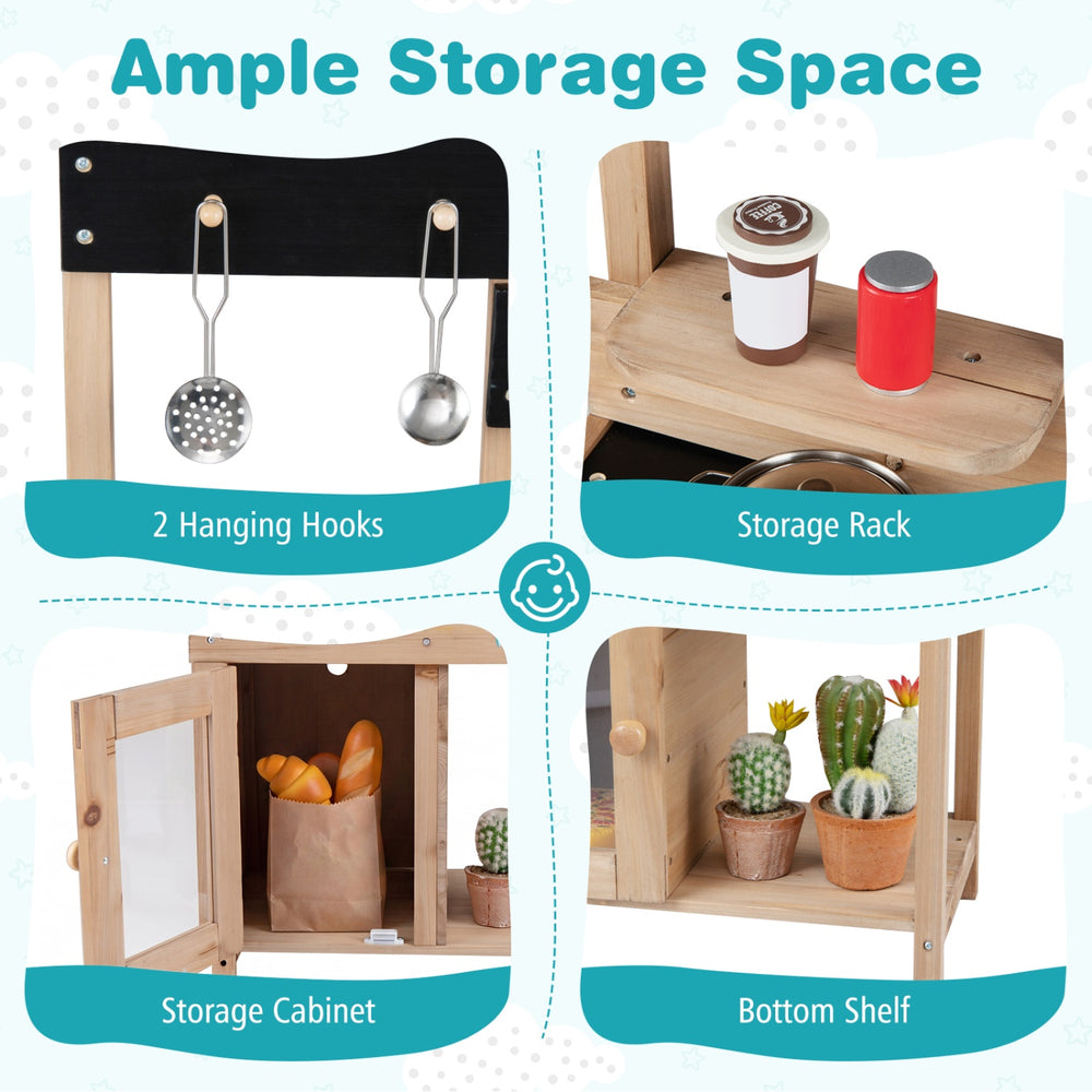 Wooden play pretend kitchen featuring a storage cabinet, shelf, and two hanging hooks for organized playtime.