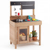 Wooden play pretend kitchen with stove, storage cabinet, and shelf, made of fir wood for kids aged 3 and up.