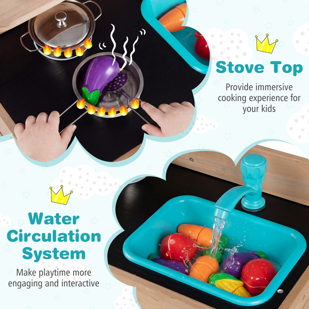 Wooden play kitchen featuring a stove top for immersive cooking and a water circulation system for interactive play.