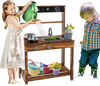 Kids play with the Outdoor Mud Kitchen featuring a rotatable faucet, sink, and realistic cookware for imaginative fun.