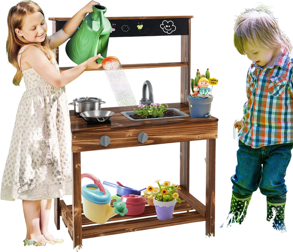Kids play with the Outdoor Mud Kitchen featuring a rotatable faucet, sink, and realistic cookware for imaginative fun.