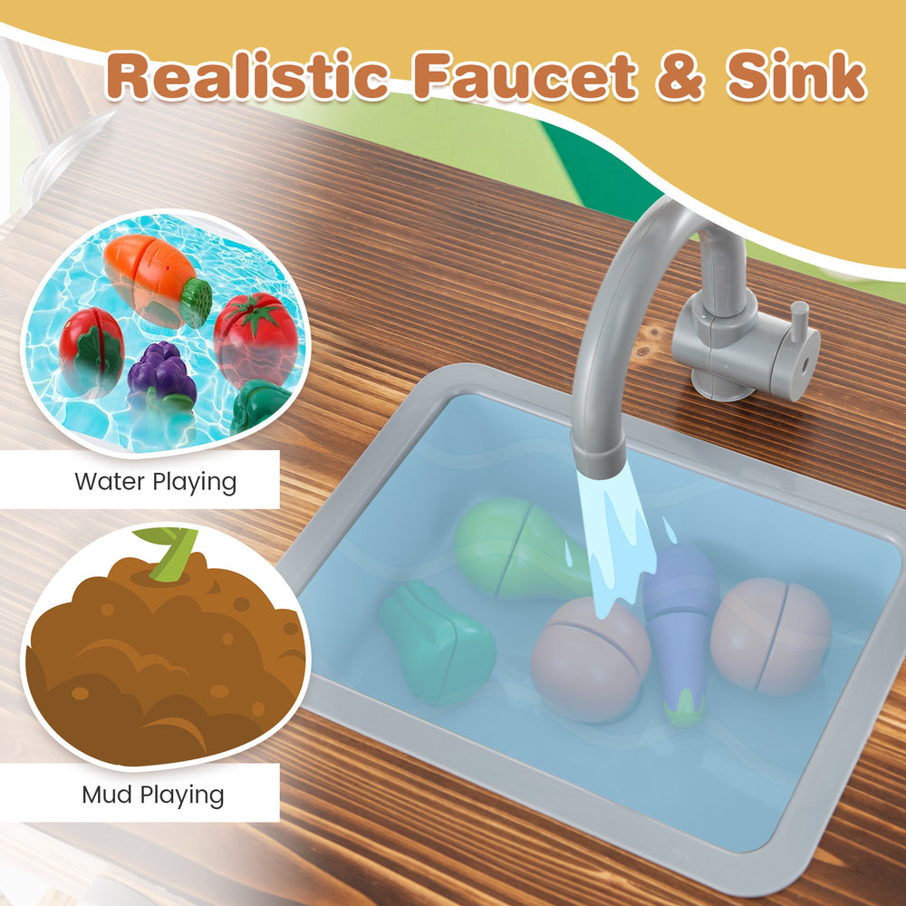 Realistic sink with rotatable faucet in the Outdoor Mud Kitchen for kids, perfect for water and mud play activities.