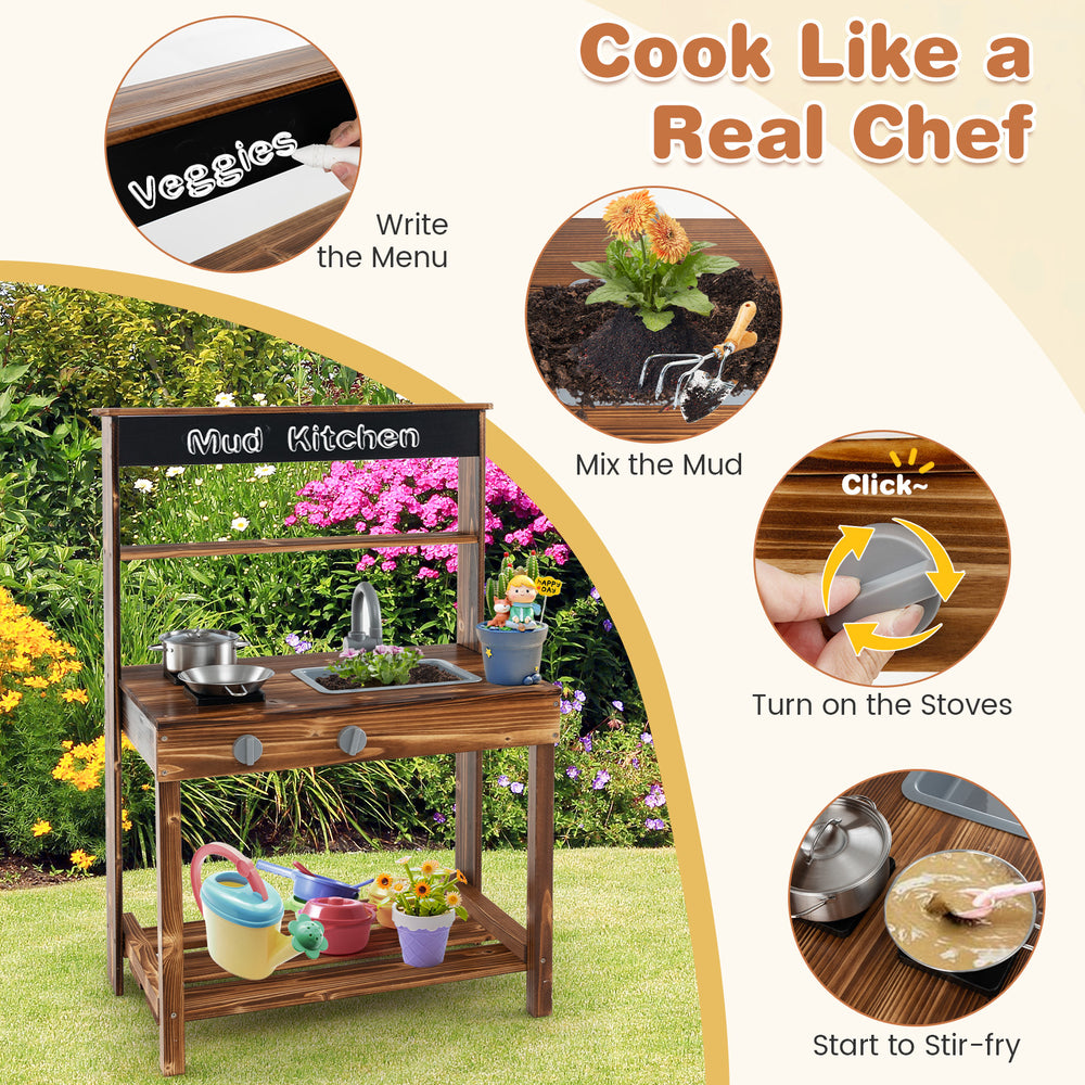 Chalkboard menu space on the Outdoor Mud Kitchen for kids, encouraging creativity and imaginative role-play outdoors.