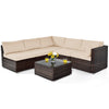 Modular outdoor seating set with beige cushions, all-weather PE rattan, and a glass-top coffee table for entertaining.