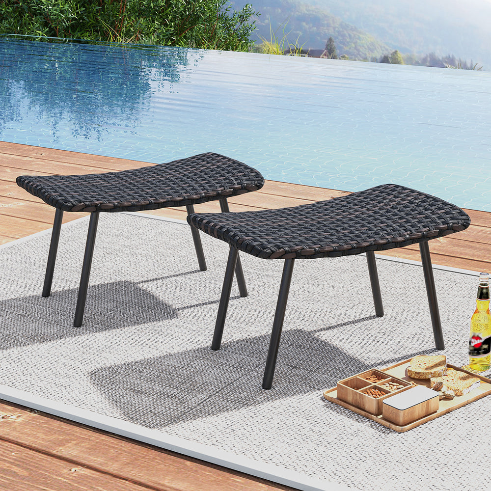Set of two brown outdoor ottomans with sturdy metal legs, perfect for patio or poolside relaxation.
