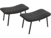 Set of two brown outdoor ottomans with sturdy metal legs, made of durable PE wicker, ideal for patio and garden use.