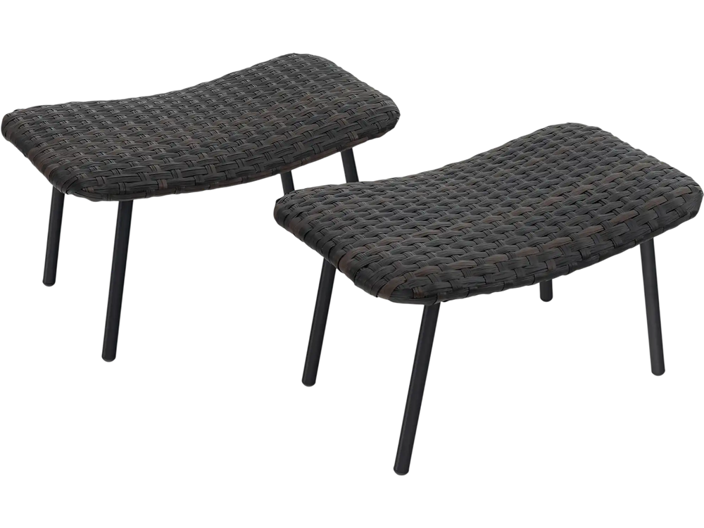 Set of two brown outdoor ottomans with sturdy metal legs, made of durable PE wicker, ideal for patio and garden use.