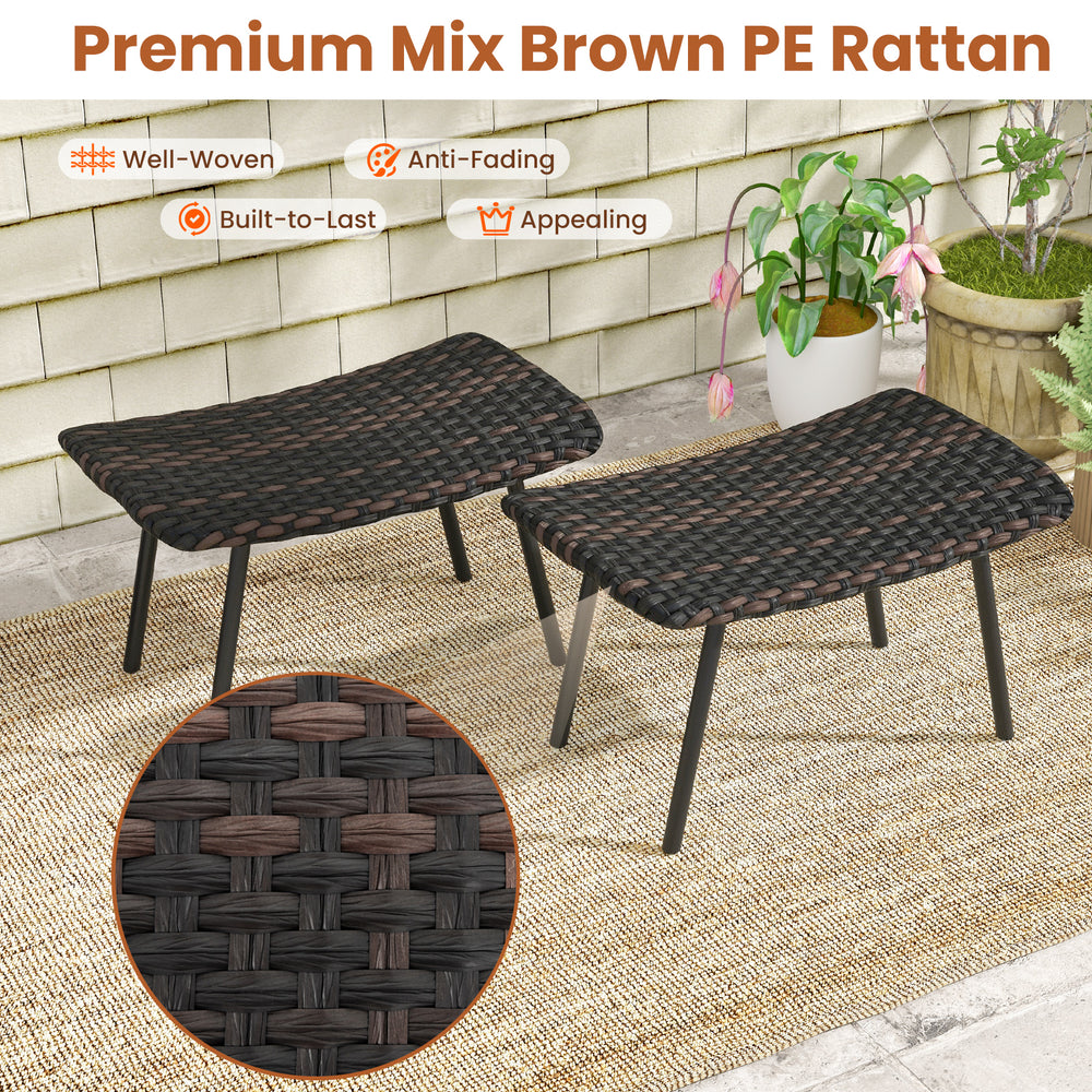 Brown PE rattan outdoor ottomans set with sturdy metal legs, perfect for patio and poolside relaxation.