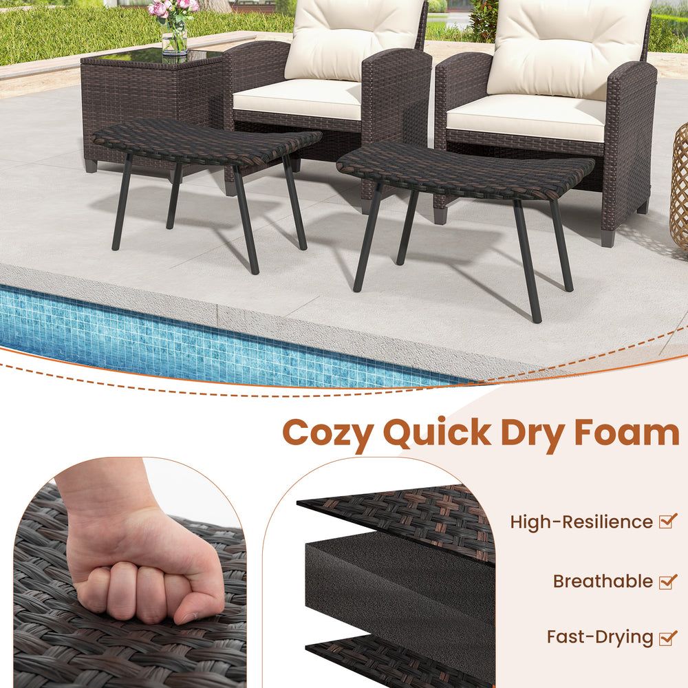 Brown outdoor ottomans set with sturdy metal legs and quick dry foam, ideal for patio and poolside relaxation.