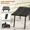 Brown outdoor ottoman with ergonomic curved seat and sturdy metal legs, ideal for patio and poolside relaxation.