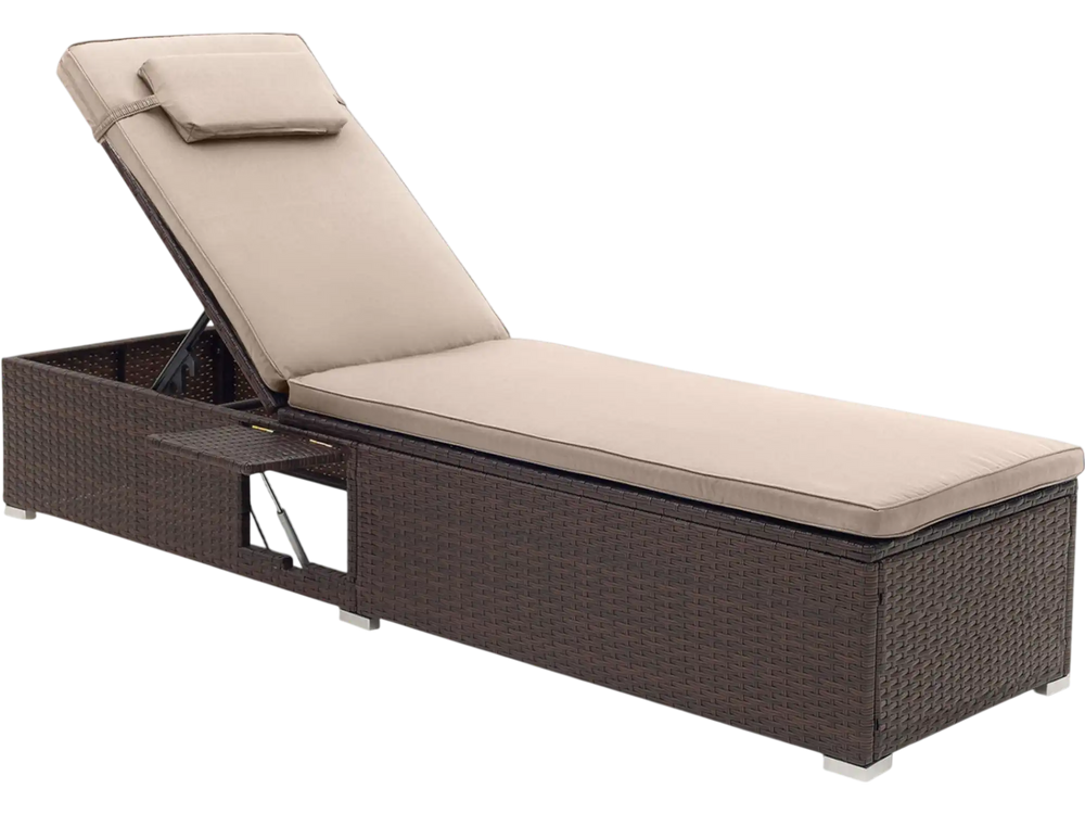 Brown outdoor PE rattan chaise lounge with adjustable backrest, foldable side table, and comfortable long cushion for relaxation.