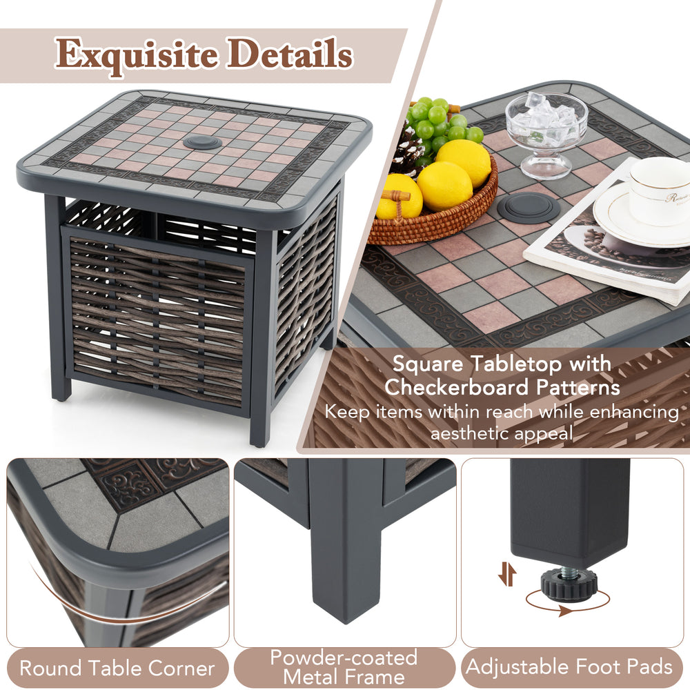 Square 21.5" outdoor side table with PE rattan, umbrella hole, and adjustable foot pads for patio or garden use.