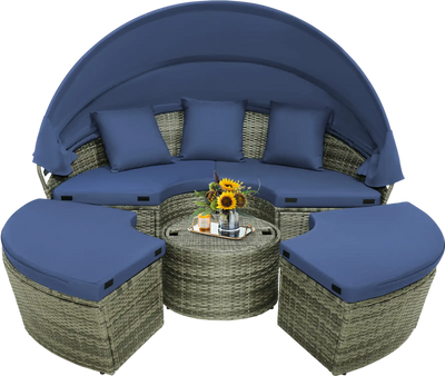 Costway Outdoor PE Wicker Round Daybed Retractable Canopy Cushions 68139457 New