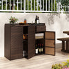 Outdoor PE wicker storage cabinet with three doors, featuring adjustable shelves and a wide countertop for patio.