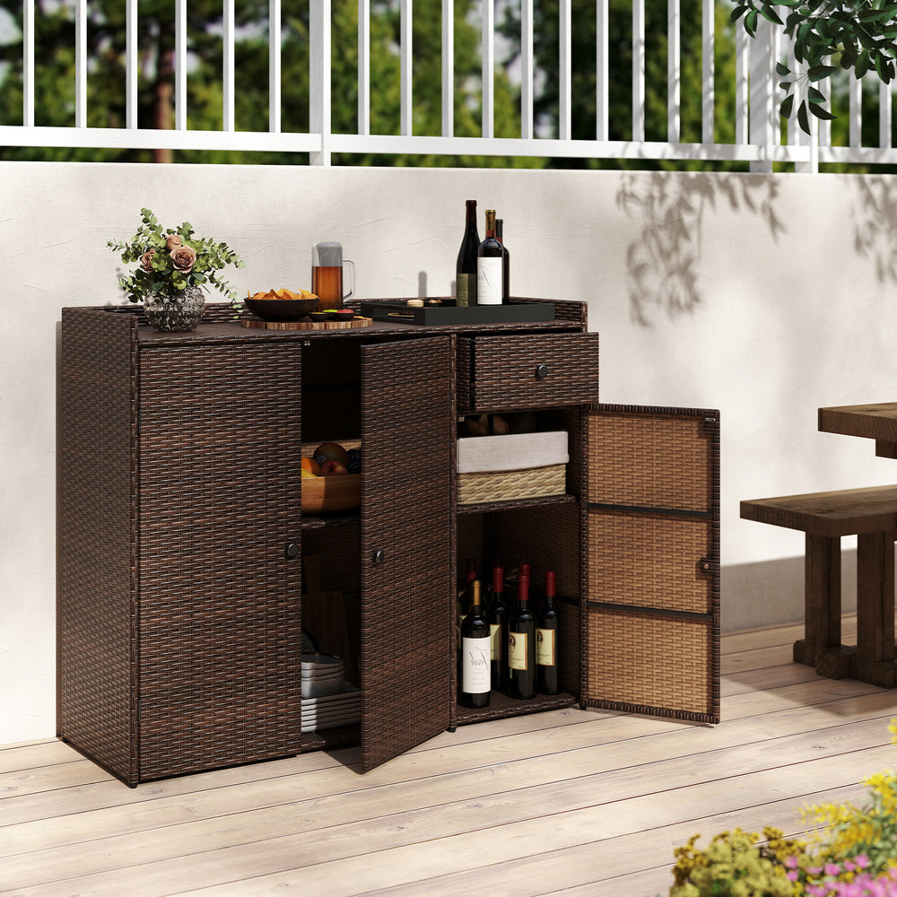 Outdoor PE wicker storage cabinet with three doors, featuring adjustable shelves and a wide countertop for patio.