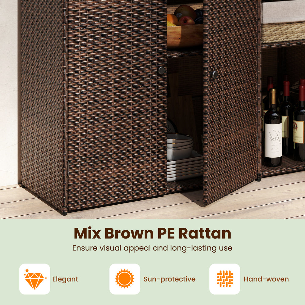 Outdoor PE wicker storage cabinet with 3 doors, mix brown color, featuring adjustable shelves for versatile deck.