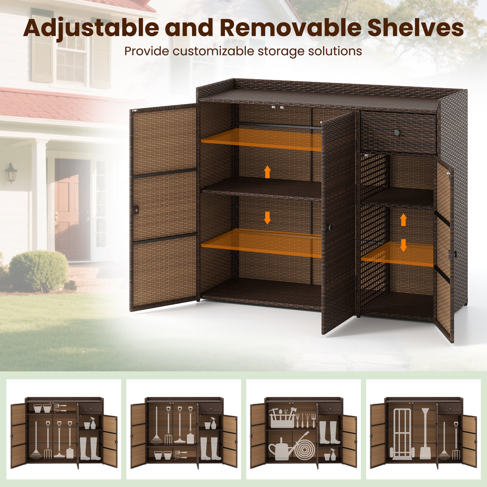 Outdoor PE wicker storage cabinet with three doors, featuring adjustable shelves, perfect for patio or deck.
