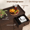 Outdoor PE wicker storage cabinet with wide countertop, practical drawer, and adjustable shelves for patio organization.