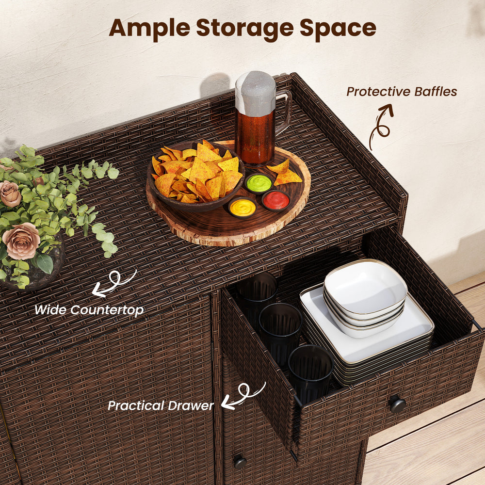 Outdoor PE wicker storage cabinet with wide countertop, practical drawer, and adjustable shelves for patio organization.