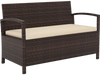 Outdoor PE wicker storage bench with beige cushion, featuring under-seat storage and ergonomic design for patio.