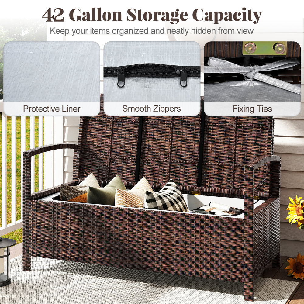 Outdoor PE wicker storage bench with 42-gallon capacity, beige cushion, and ergonomic design for patio relaxation.