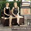 Outdoor PE wicker storage bench for 2, featuring a soft cushion, curved armrests, and under-seat storage for outdoor.