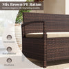 Outdoor PE wicker storage bench with beige cushion, hand-woven design, and 42-gallon storage for patio organization.