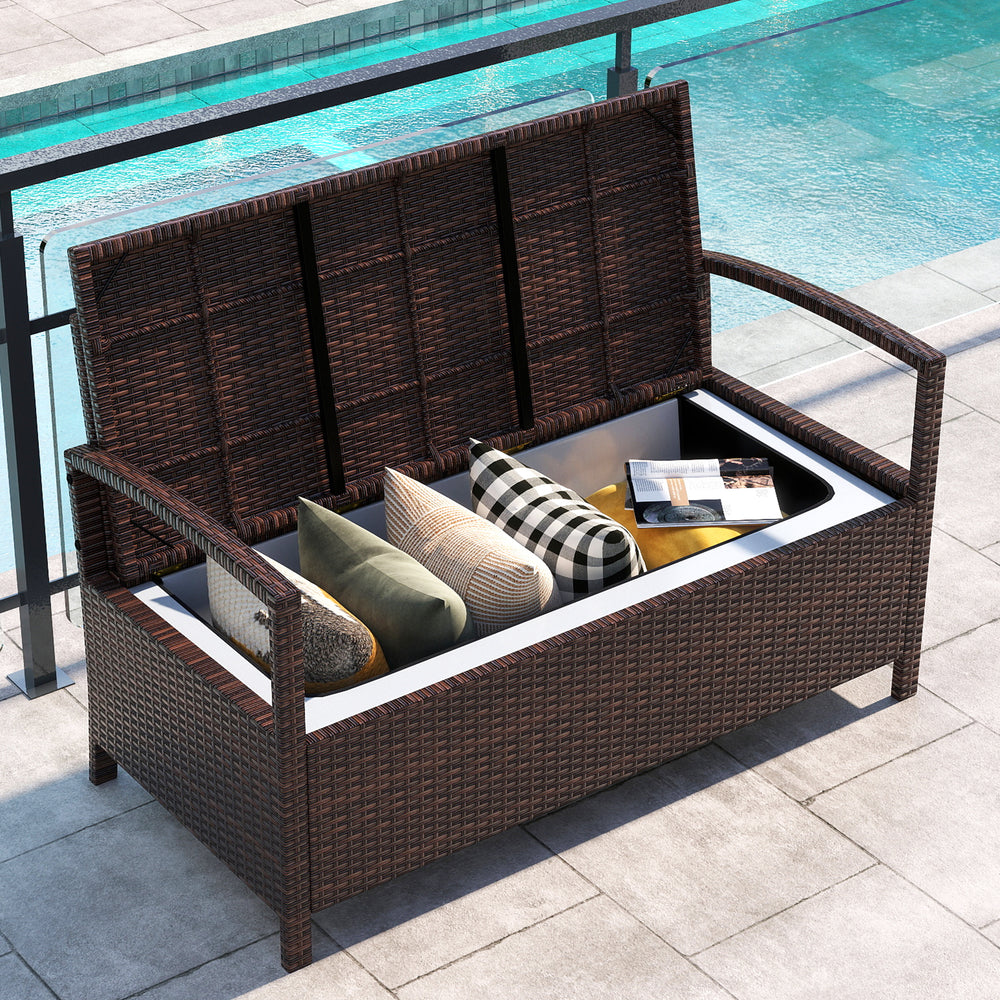 Outdoor PE wicker storage bench with cushion, featuring 42-gallon storage, ideal for patio and garden relaxation.