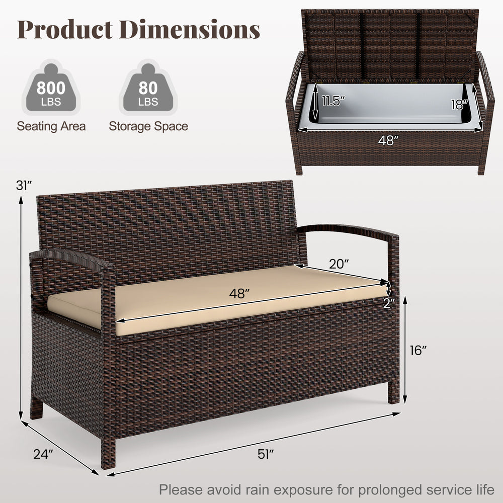 Outdoor PE wicker storage bench with cushion, 42-gallon capacity, ideal for patio seating and organization.