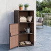 Outdoor PE wicker storage cabinet in brown with open shelves and door, ideal for patio organization and decor.