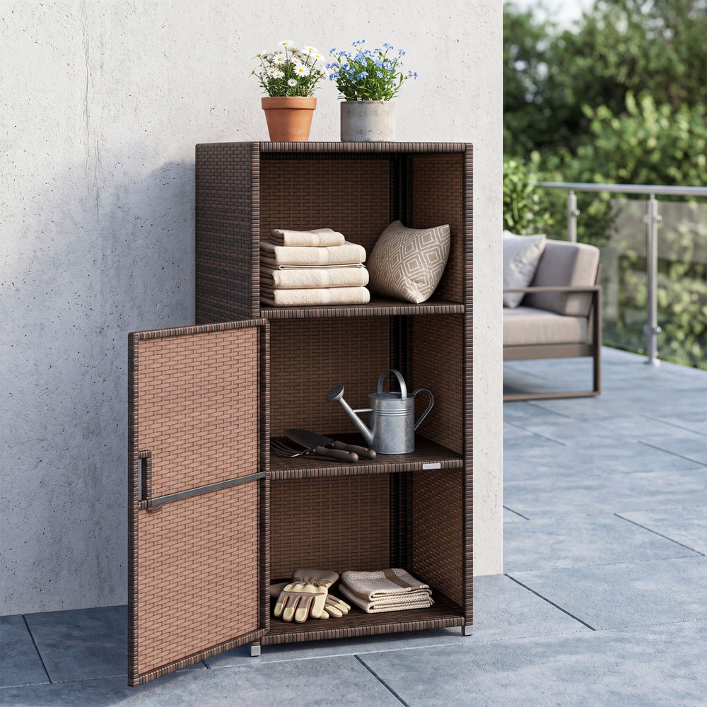 Outdoor PE wicker storage cabinet in brown with open shelves and door, ideal for patio organization and decor.