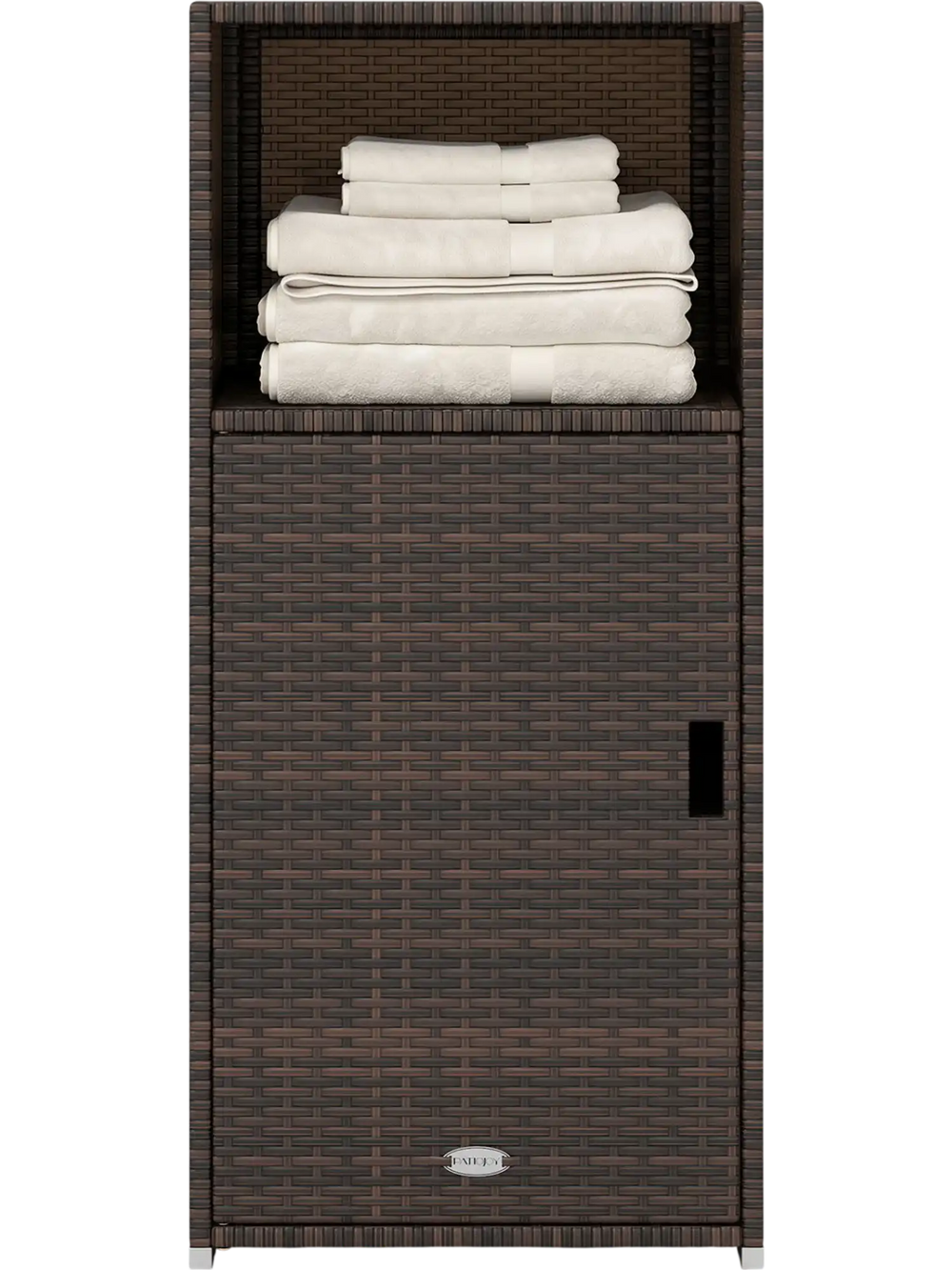 Outdoor PE wicker storage cabinet in brown with open compartment and closed door, ideal for patio organization.