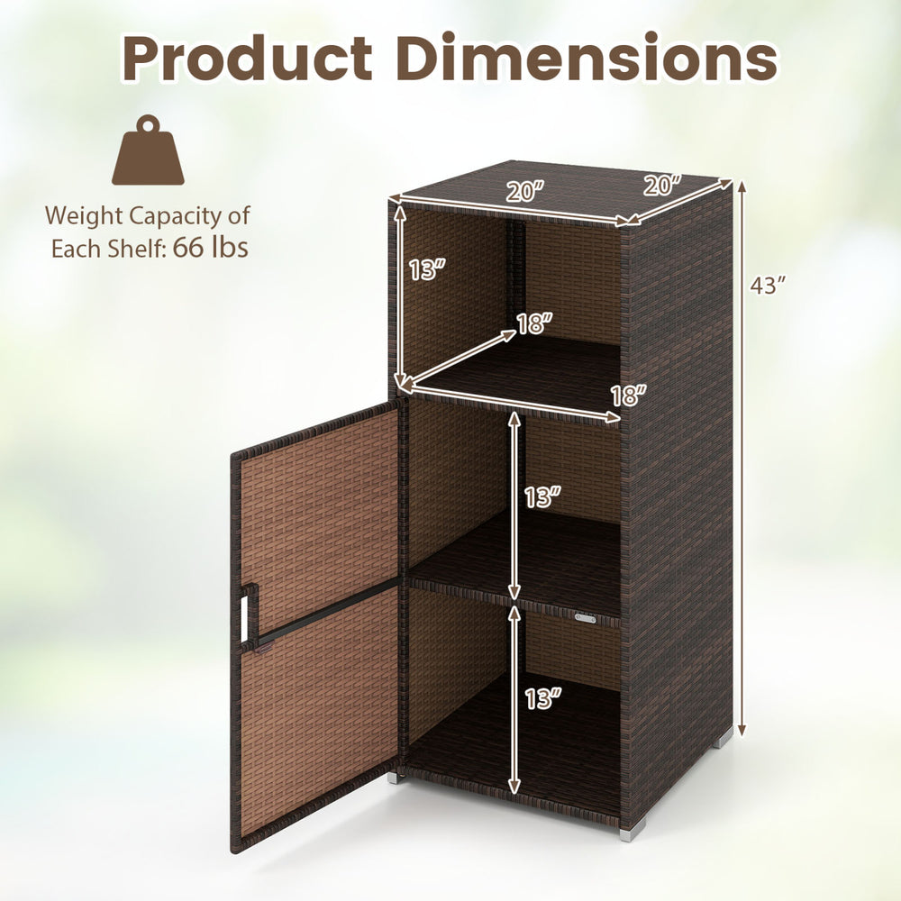 Outdoor PE wicker storage cabinet dimensions with three shelves, brown finish, ideal for patio organization and style.