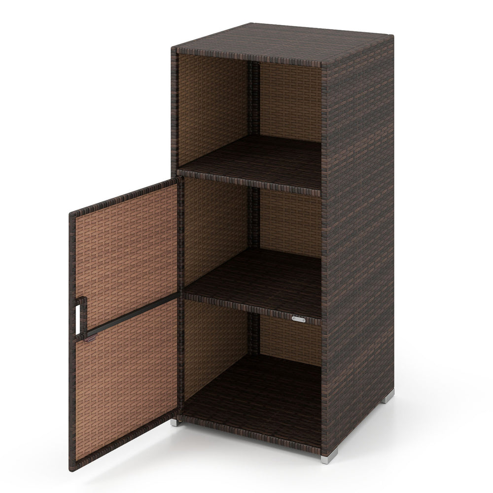 Outdoor PE wicker storage cabinet in brown with open shelves and door, perfect for patio organization and style.