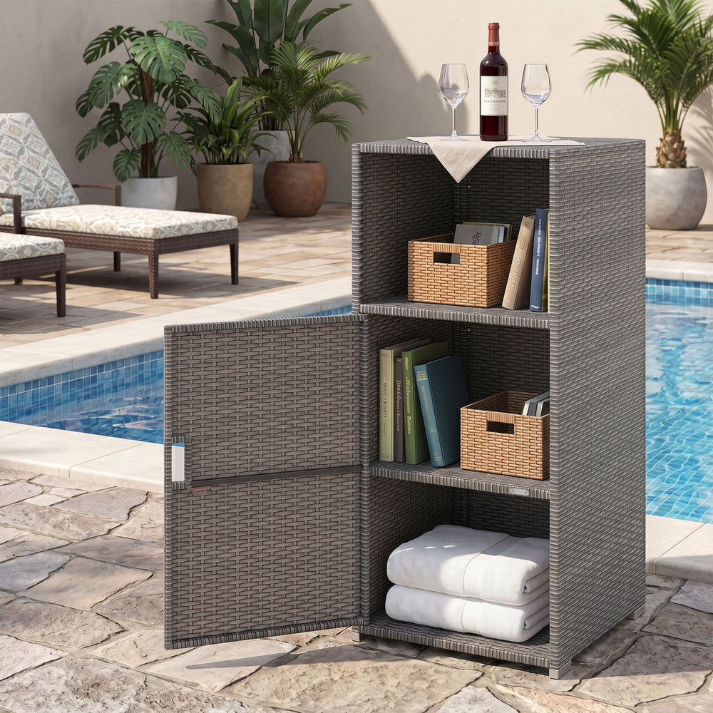 Outdoor PE Wicker Storage Cabinet with Door and Open Compartment for Patio-Gray - Gallery View 1 of 12