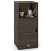 Outdoor PE wicker storage cabinet in brown features an open compartment and door, ideal for patio organization.