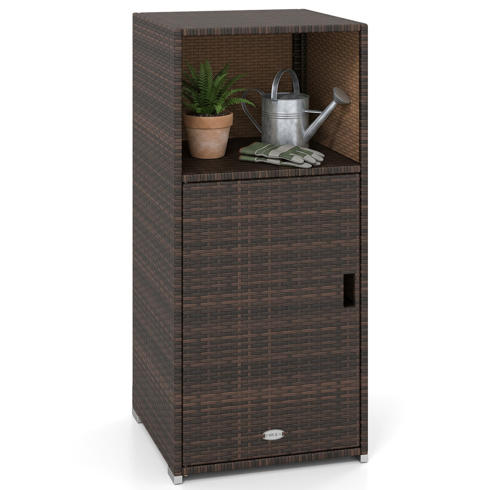Outdoor PE wicker storage cabinet in brown features an open compartment and door, ideal for patio organization.