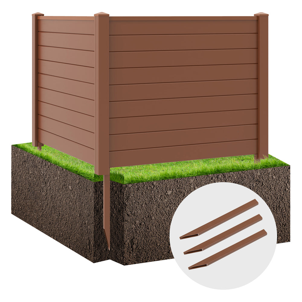 Outdoor PVC air conditioner fence in brown with 20-inch long stakes, ideal for privacy around AC units and gardens.