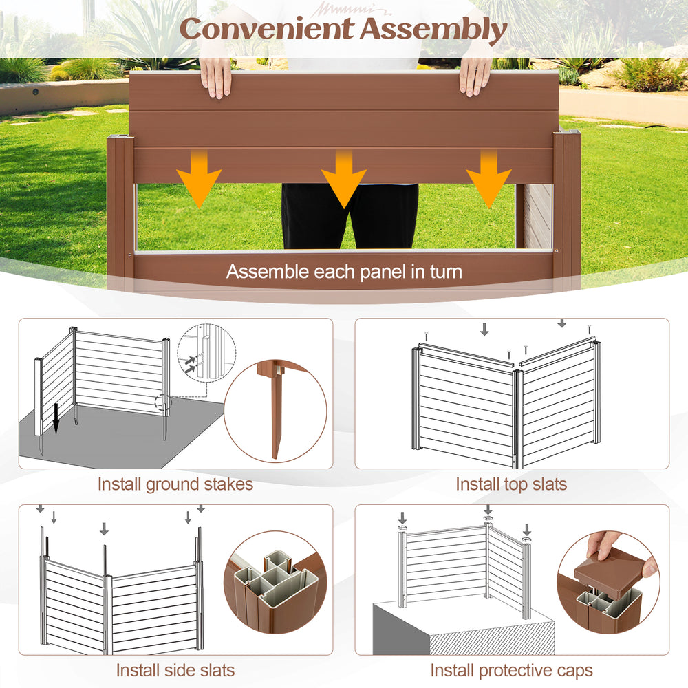 Outdoor PVC air conditioner fence assembly steps, featuring brown panels and 20-inch long stakes for easy installation.
