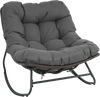Gray outdoor Papasan rocking chair with thick cushion, ergonomic design, and durable PE rattan for comfortable.